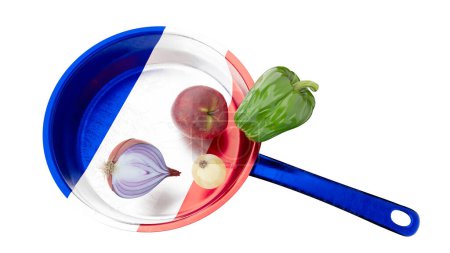 Une nature morte culinaire mettant en valeur une gamme vibrante de légumes sur une casserole arborant le drapeau français, fusionnant cuisine et fierté nationale.