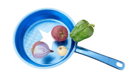 A frying pan bearing the Somali flag's colors and star, accompanied by an apple, onion, and green pepper
