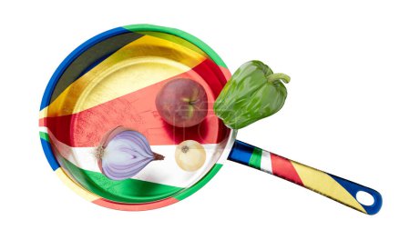 Un spectacle éblouissant avec une casserole avec le vibrant drapeau des Seychelles comme toile de fond à un ensemble nutritif de légumes