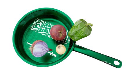 This photo features a skillet in rich green, echoing the Saudi Arabian flag, with a crisp apple, purple onion, and green pepper