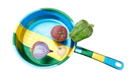 A colorful depiction of a frying pan designed with the Gabonese flag theme, tastefully paired with healthy vegetables