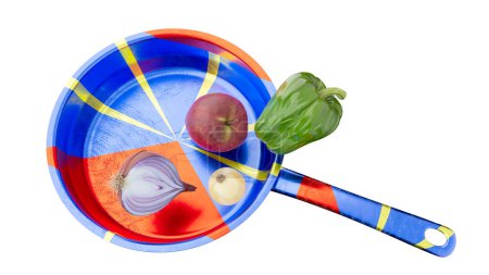 A striking blue pan featuring a design reminiscent of Reunion Island's flag, complete with ripe apple and vegetables