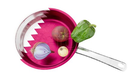 Elegant magenta-colored skillet showcasing the flag of Qatar, accented with wholesome vegetables for cooking