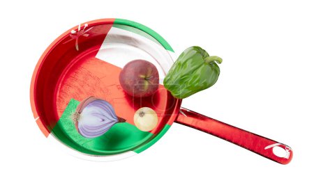 Image of a bright red skillet with Madagascar flag motif, complemented by a set of fresh vegetables