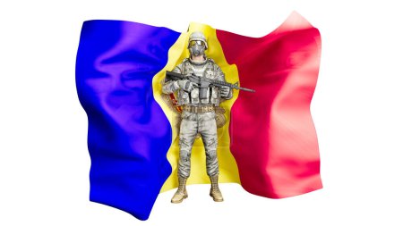 A stoic soldier in full gear stands in front of the billowing Romanian flag, representing strength and national pride.