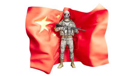 Ein voll ausgerüsteter Soldat steht wachsam vor der ikonischen roten Kulisse und den goldenen Sternen der chinesischen Flagge..