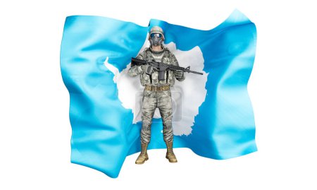 A fully equipped soldier stands solemnly before the swirling Antarctic flag, merging military presence with polar symbolism.