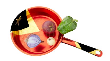 Los colores audaces de la bandera Timor-Leste de fondo una sartén de verduras maduras, lo que sugiere una fusión de la comida y el espíritu nacional.