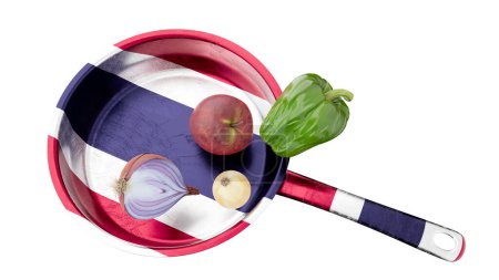 Une gamme vibrante de légumes repose sur une casserole arborant le drapeau du Costa Rica, mêlant fierté culinaire et nationale.