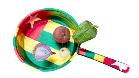 A frying pan featuring the Cameroonian flag design with an assortment of vegetables, ready for a cultural culinary experience.