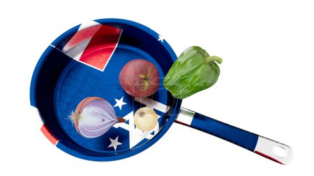 A vibrant cooking pan adorned with the Australian flag holds an assortment of fresh vegetables, suggesting culinary patriotism