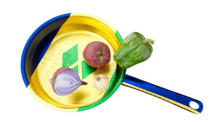 Sartén de colores brillantes con San Vicente y las Granadinas diseño de la bandera sostiene verduras frescas, listo para una comida nutritiva.