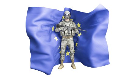 A soldier in tactical gear stands before a billowing European Union flag, symbolizing defense and unity.