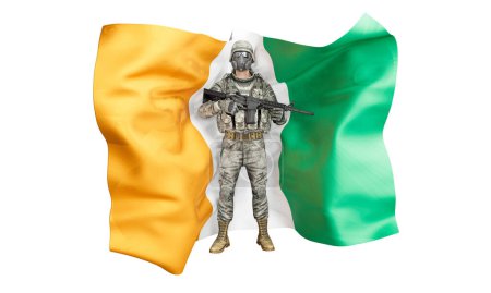 A photo composition of a soldier in uniform posing before the national flag of Ivory Coast.