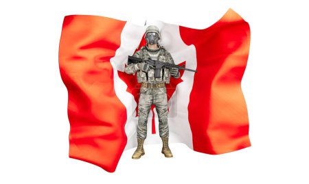 Téléchargez les photos : Image composite numérique d'un soldat prêt au combat en tenue de camouflage avec le drapeau du Canada en toile de fond - en image libre de droit