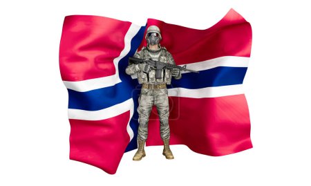 Téléchargez les photos : Image composite numérique d'un soldat prêt au combat en tenue de camouflage avec le drapeau norvégien en toile de fond - en image libre de droit