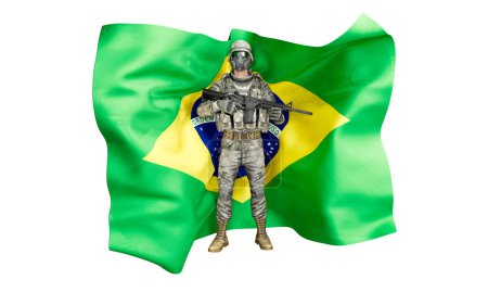 Téléchargez les photos : Image composite numérique d'un soldat prêt au combat en tenue de camouflage avec le drapeau du Brésil en toile de fond - en image libre de droit