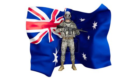 Digital composite image of a combat-ready soldier in camouflage gear with the Australia flag as a backdrop
