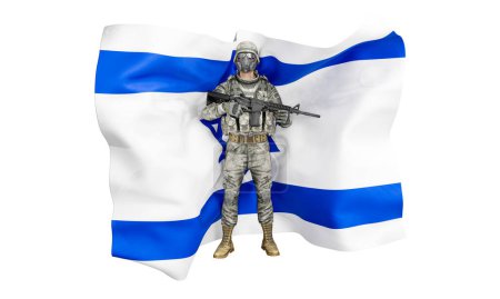 Foto de Imagen ilustra a un soldado en uniforme de combate ante la distintiva Estrella azul de David en la bandera de Israel. - Imagen libre de derechos