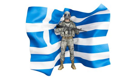 Image of a military figure in front of the Greek flag, signifying readiness and national pride.