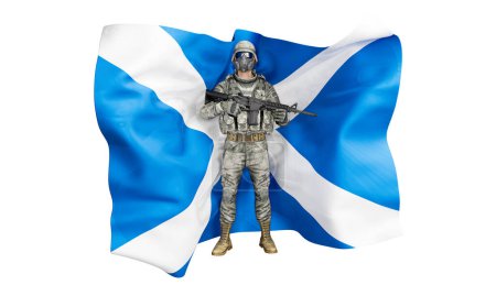 Entrega artística de un soldado en equipo militar ante la bandera escocesa, representando dedicación y herencia.