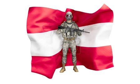 Téléchargez les photos : Image composite numérique d'un soldat prêt au combat en tenue de camouflage avec le drapeau autrichien en toile de fond - en image libre de droit