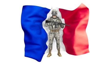 A powerful portrayal of a soldier in combat gear standing proud before the French national flag.