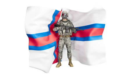 A figure of a soldier in front of the white cross against blue and red, symbolizing the Faroe Islands flag.