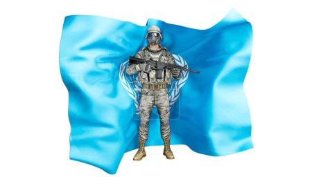 A photo illustration of an equipped peacekeeper before the iconic UN flag with olive branches