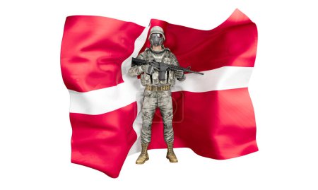 Artistic representation of a soldier before the iconic white cross of the Danish flag.