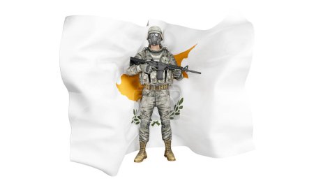 Téléchargez les photos : Image d'un soldat armé devant le drapeau chypriote symbolisant la défense nationale - en image libre de droit