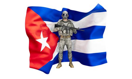 Téléchargez les photos : Représentation artistique d'un soldat équipé d'un équipement de combat complet placé contre un drapeau cubain flottant. - en image libre de droit