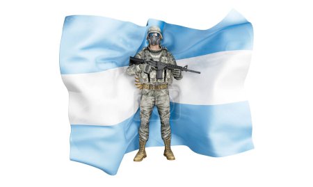 Téléchargez les photos : Image composite numérique d'un soldat prêt au combat en tenue de camouflage avec le drapeau argentin en toile de fond. - en image libre de droit