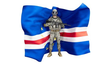 Bild, das einen fokussierten Soldaten mit den maritimen Farben der Flagge Kap Verdes verschmilzt und ein Gefühl der Bevormundung widerspiegelt