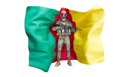 The image strikingly contrasts a vigilant soldier with the vibrant green, red, and yellow of Cameroon's national flag
