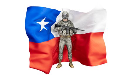 Das Bild zeigt einen Soldaten mit der mit Sternen besetzten blau-weiß-roten Flagge Chiles, die Wachsamkeit und Patriotismus symbolisiert