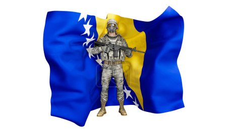 An image melding a disciplined soldier with the distinctive blue and yellow flag of Bosnia and Herzegovina, symbolizing national service and unity.
