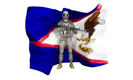 An imposing image of a soldier with the American Samoan flag as a backdrop, signifying a union of duty and cultural identity.