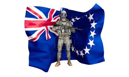 Image depicts a soldier in full combat attire set against the backdrop of the Cook Islands flag, incorporating the Union Jack and stars.