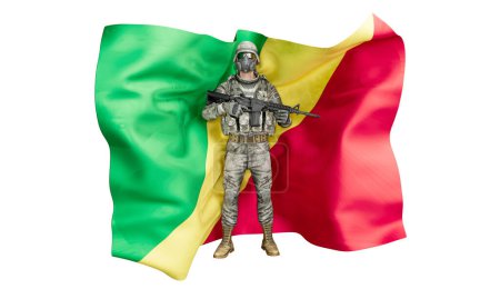 A depiction of a soldier in full tactical gear with a gas mask, superimposed on the national flag of Cameroon.