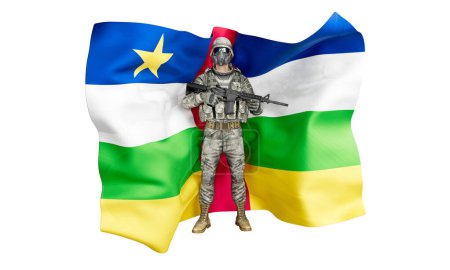 Dargestellt ist ein Soldat in voller Kampfmontur vor der lebendigen, bunten Flagge der Zentralafrikanischen Republik.