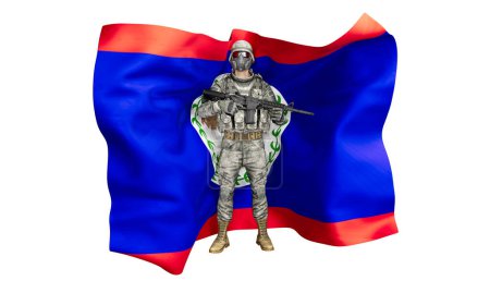 Eine visuelle Komposition, die einen kampfbereiten Soldaten mit einem Gewehr gegen die blaue, grüne und rote Flagge der Republik Komi zeigt