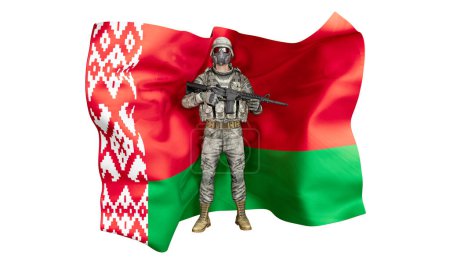 Image of a soldier with tactical gear posed in front of the distinctive red and green flag of Belarus with its ornamental pattern.