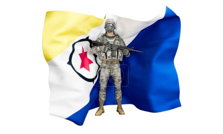 Image featuring an armed soldier with tactical equipment in front of Bonaire's flag with a white field and blue triangle.
