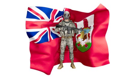 A montage of a soldier in battle attire standing before the distinctive flag of Bermuda with its coat of arms.