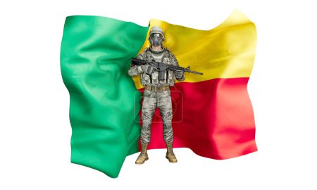 Conceptual image featuring a military figure with a rifle and a gas mask, superimposed on Benin's national flag in motion