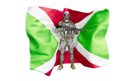 Digital artwork depicting a fully equipped soldier wearing a gas mask before the vibrant national flag of Burundi