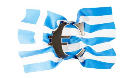 Bandera griega ondeando con un signo de euro, contra el negro, evocando la conexión de Grecia con las finanzas europeas.