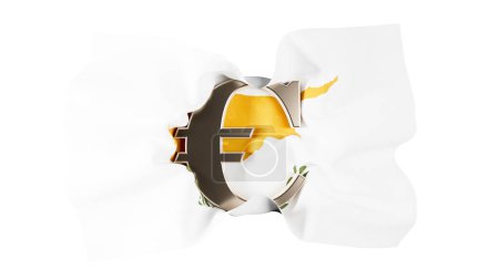 Die Silhouette der zyprischen Flagge mit dem Ausschnitt des Euro-Zeichens, das die wirtschaftliche Verbundenheit der Insel mit der Europäischen Union symbolisiert.