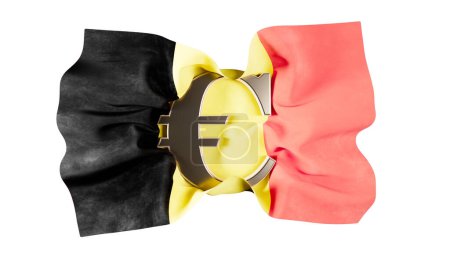 Belgian flag's black, yellow, and red with a Euro sign, depicting Belgium's integration into the EU's economy.